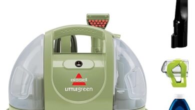 Portable BISSELL Little Green 1400B carpet and upholstery cleaner with specialty tools