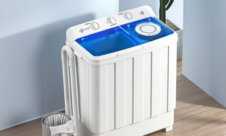 Compact twin tub washing machine, stainless steel and polypropylene construction, ideal for dorms, apartments, and RVs.