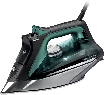 A black and green Rowenta Pro Master DW8360 steam iron with a stainless steel soleplate and a precision tip.