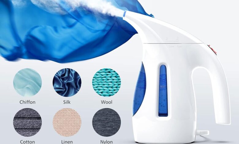 "HiLIFE Portable Clothes Steamer - 700W, 240ml, Blue, handheld design for wrinkle-free clothing."